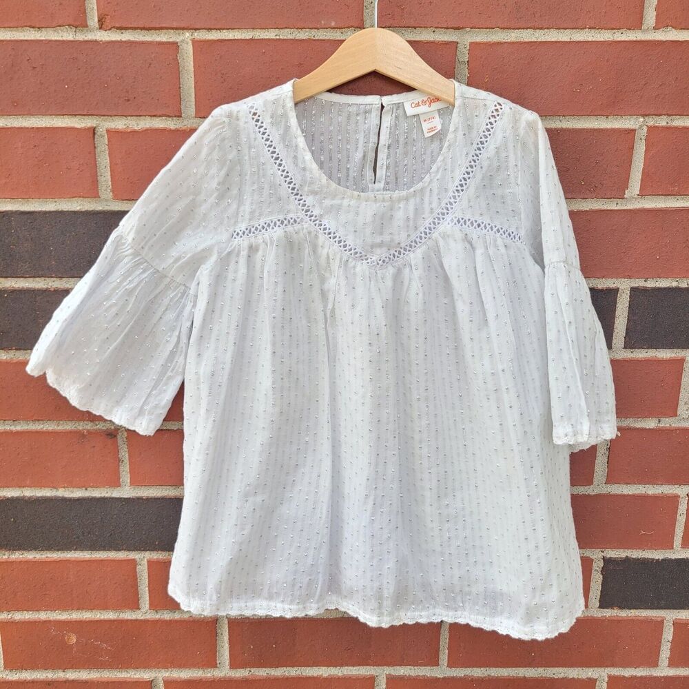 Cat & Jack NWOT Girls' White Metallic Lace Trim Elbow Bell Sleeve Blouse Sz 7/8